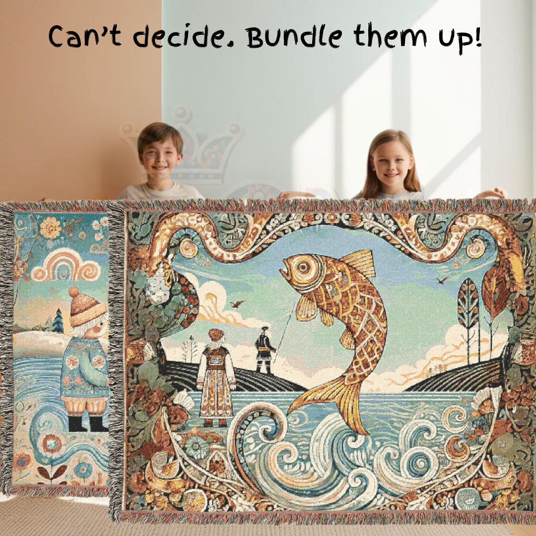 Golden Fish & Little Fisherman Woven Blanket, Folk Art Fairytale Light Tapestry – 100% Cotton Cozy Throw