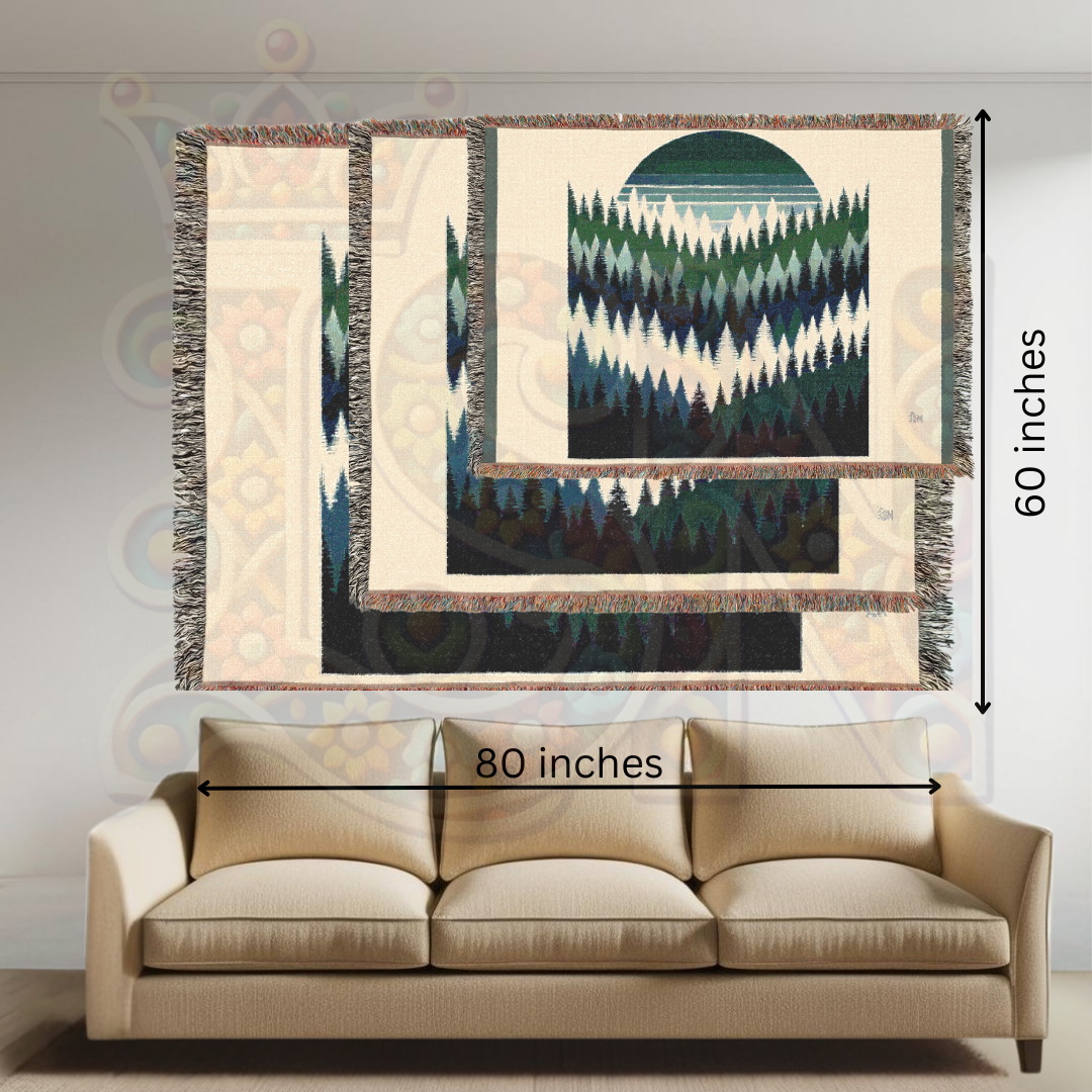 Forest Sunset Woven Blanket, 100% Cotton Throw – Nature-Inspired Cozy Tapestry for Home, Cabin, or Adventure Lovers