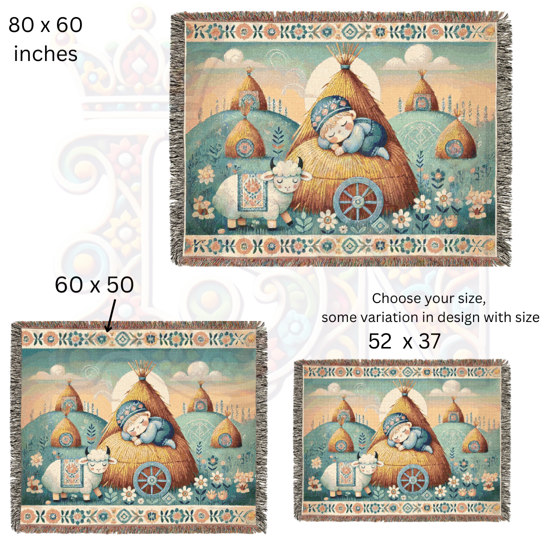 Little Boy Blue Inspired Cozy Farm Woven Blanket – 100% Cotton Tapestry Throw – Sleeping Boy & Sheep Pastoral Scene, Rustic Country Decor, Folk Art Style