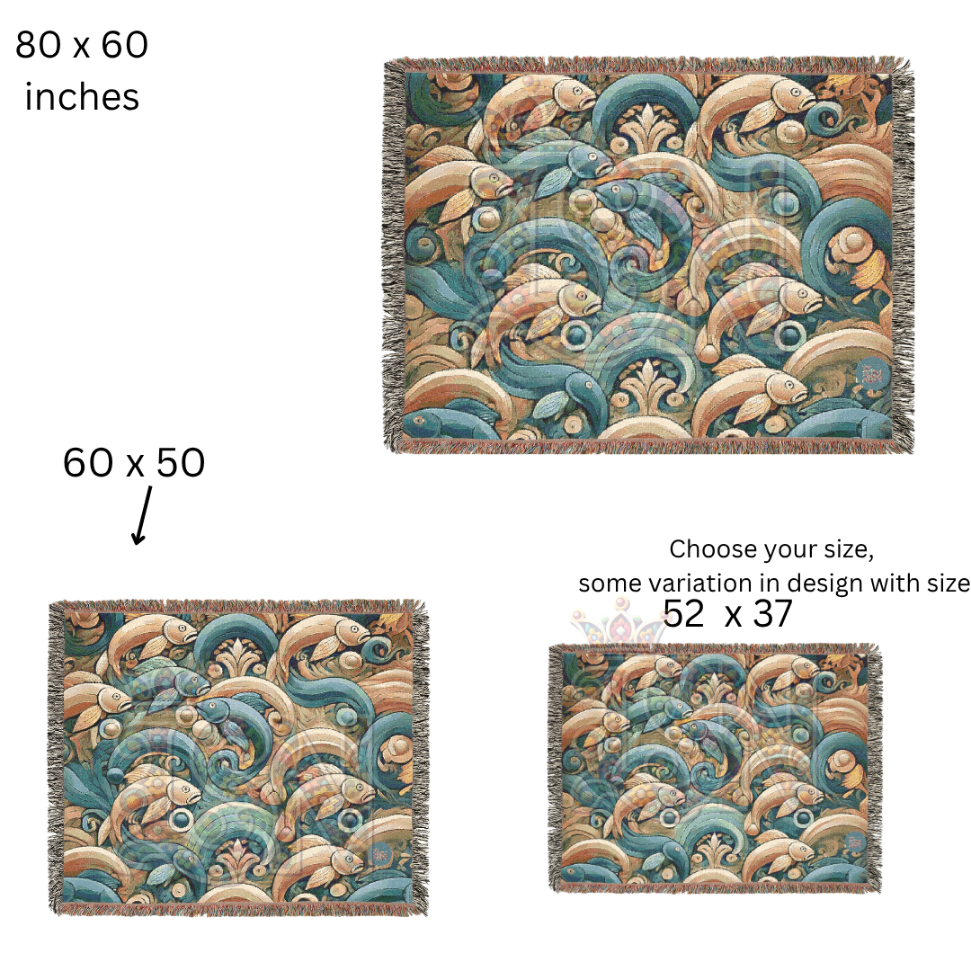 River Dance Folk Art Woven Blanket – Vibrant Fish & Flowing Water Nature-Inspired Throw