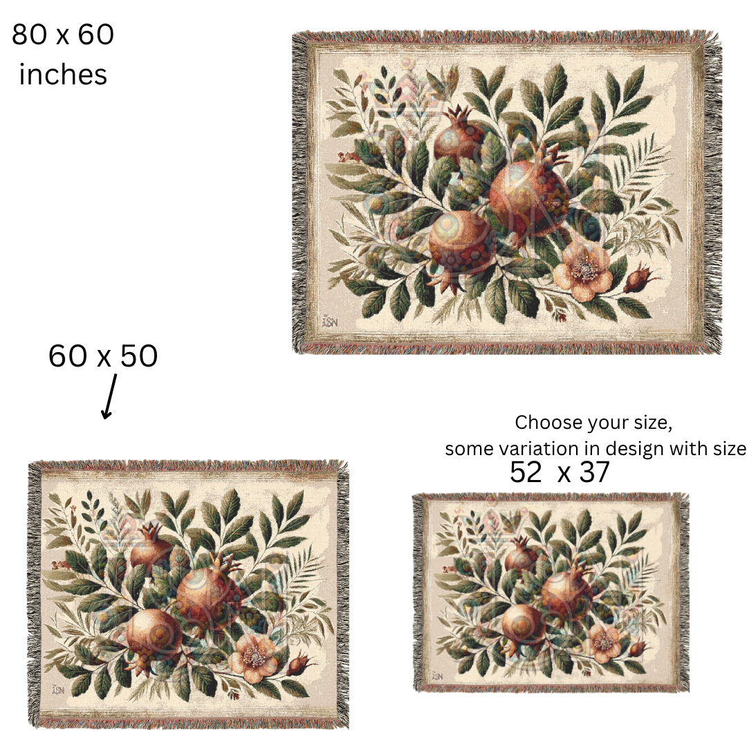 Pomegranate Blessing Woven Botanical Throw Blanket – 100% Cotton Heirloom Tapestry for Home & Gift