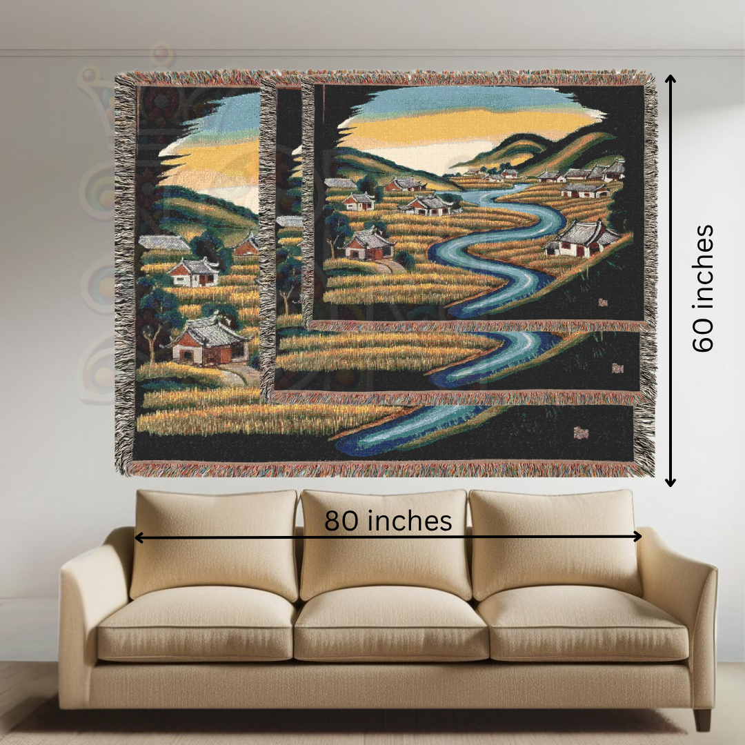 River of Rice – Asian Korean Folk Art Woven Throw Blanket with Countryside Village Scene