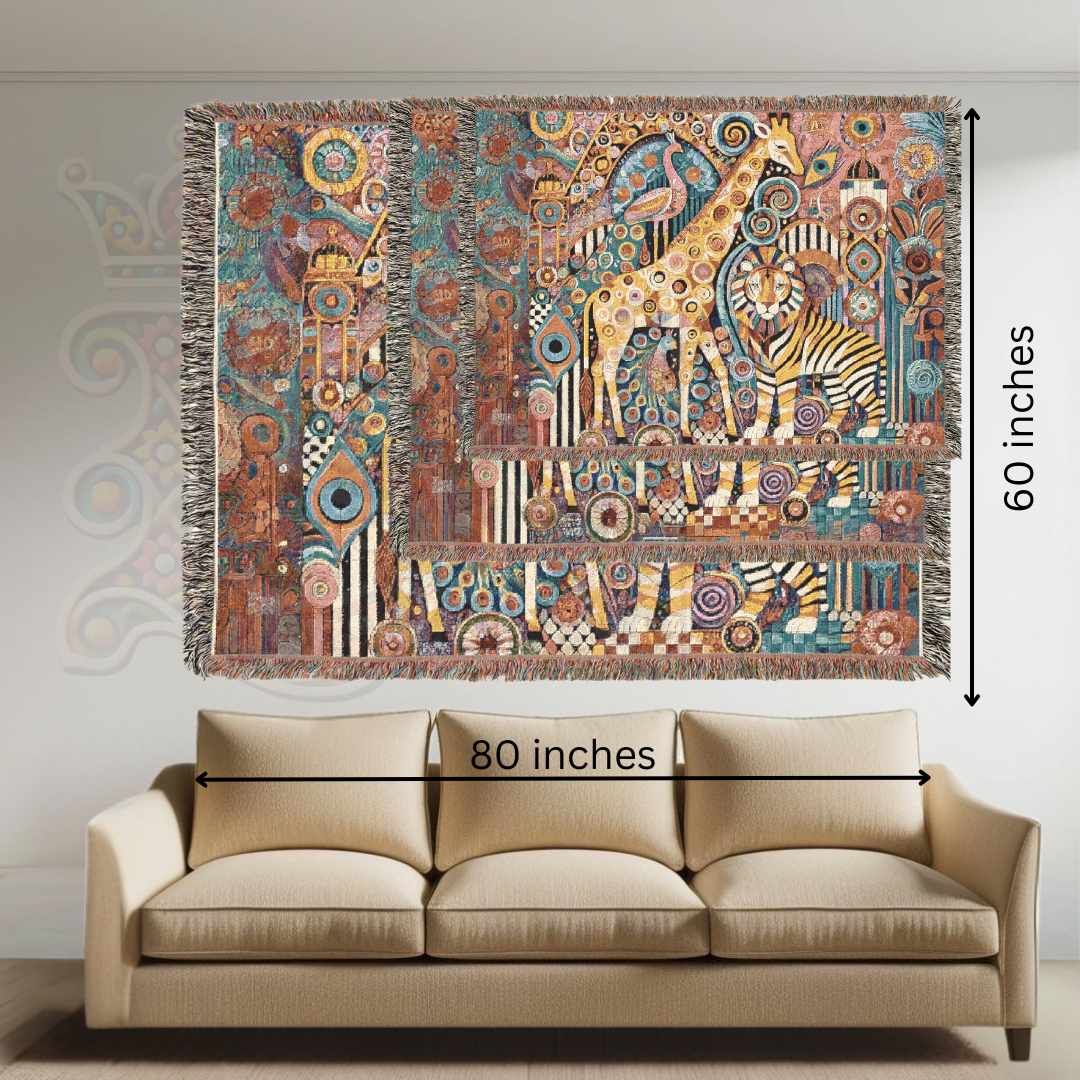 Abstract Safari Animal Woven Blanket – Giraffe, Lion & Zebra Boho Tapestry, Vibrant Folk Art Wildlife Decor, Cozy Jungle-Inspired Throw