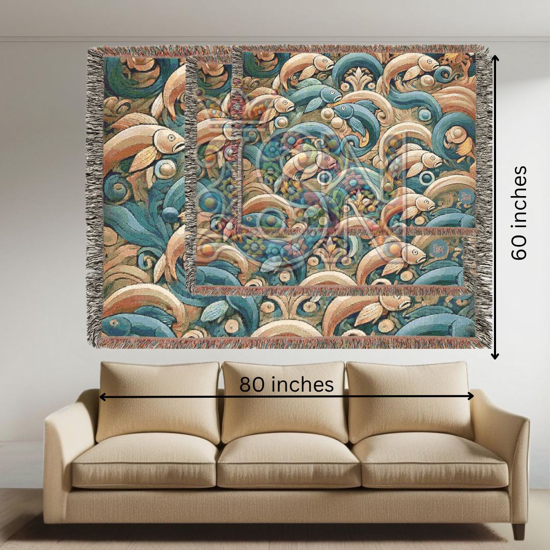 River Dance Folk Art Woven Blanket – Vibrant Fish & Flowing Water Nature-Inspired Throw
