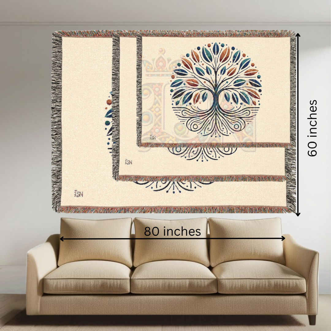 Tree of Life Woven Throw Blanket – Nature-Inspired Cotton Tapestry in Blue & Rust