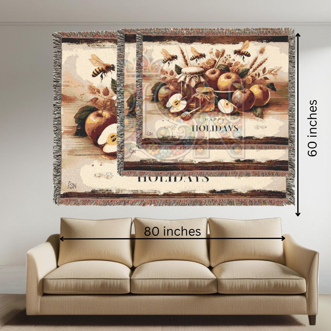 Happy Holidays Apples & Honey Folk Art Woven Blanket – Festive Seasonal Throw