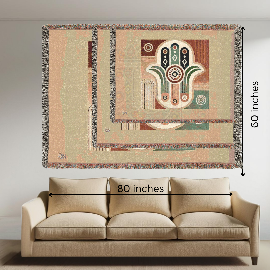 Hand Hamsa Folk Art Woven Blanket – Symbolic Hand of Protection & Peace Throw