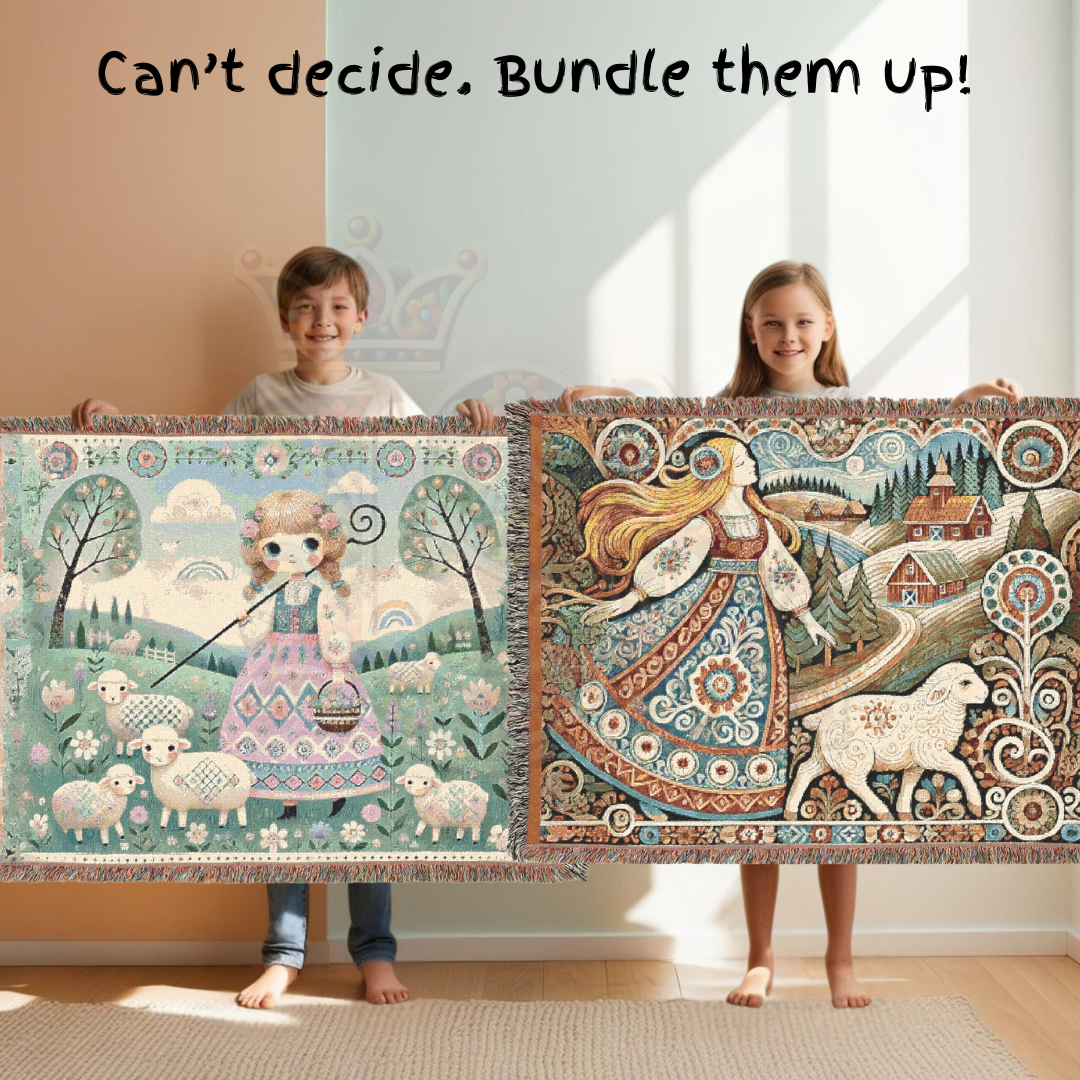 Mary Had a Little Lamb Woven Blanket, Light Pastel Fairytale Cotton Tapestry Throw