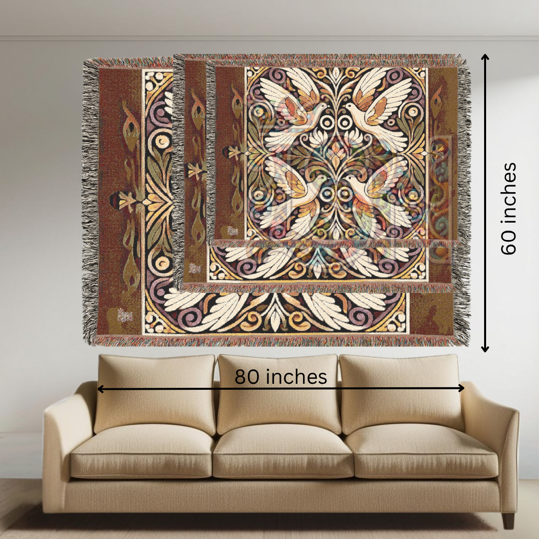 Four Doves Harmony Folk Art Woven Blanket – Peaceful Unity Throw with Ornamental Floral Design