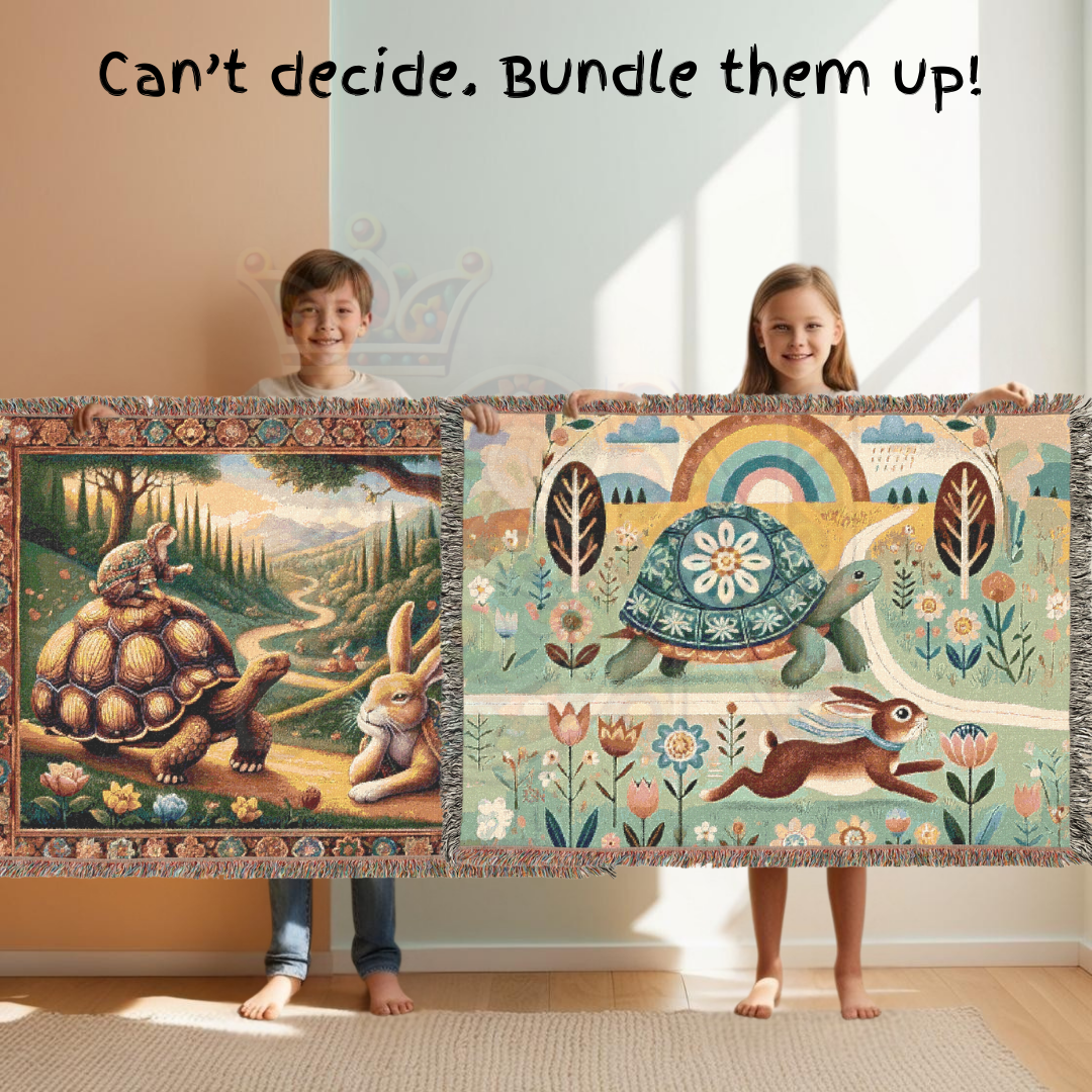 Whimsical Folk Art Woven Blanket – Tortoise & Hare Race | 100% Cotton Cozy Throw | Nursery, Cottagecore & Storybook-Inspired Décor