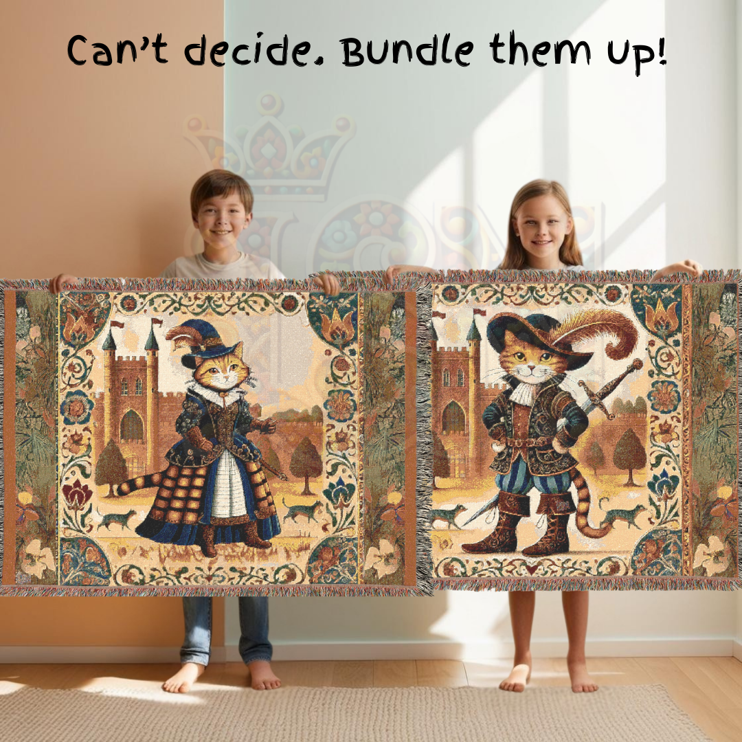 Puss in Boots Woven Blanket - 100% Cotton Tapestry Throw, Fairy Tale Cat Decor, Medieval Castle Art, Whimsical Vintage Gift