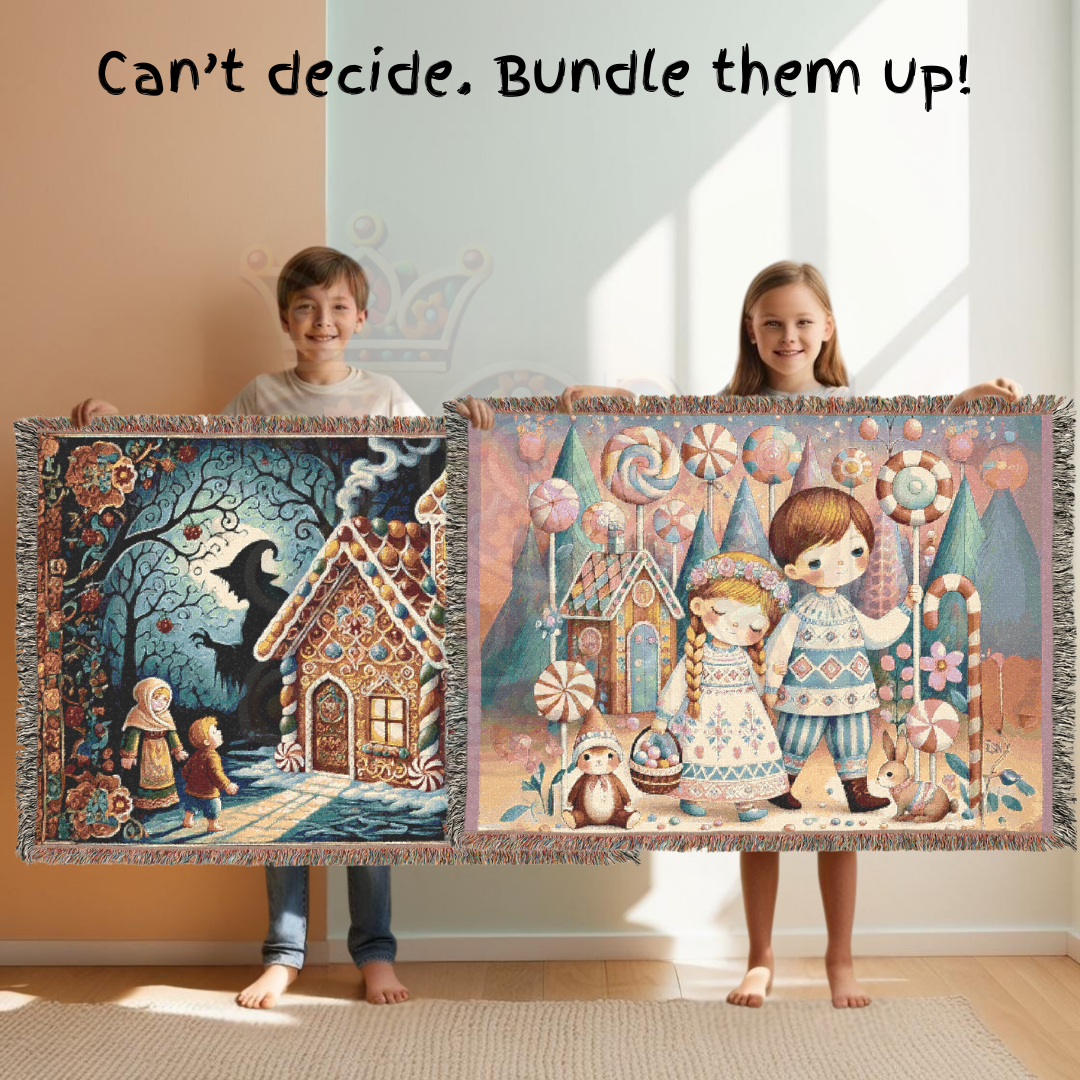 Hansel & Gretel Inspired Enchanted Candyland Village – Fairytale Woven Blanket