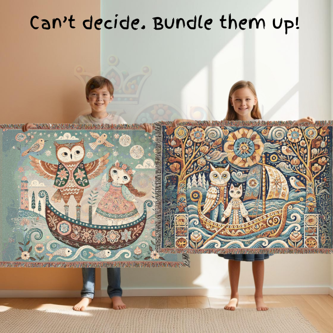 Owl & Pussycat Folk Art Woven Blanket, 100% Cotton Tapestry – Whimsical Storybook Throw, Boho Light Cottagecore Decor, Unique Gift for Dreamers