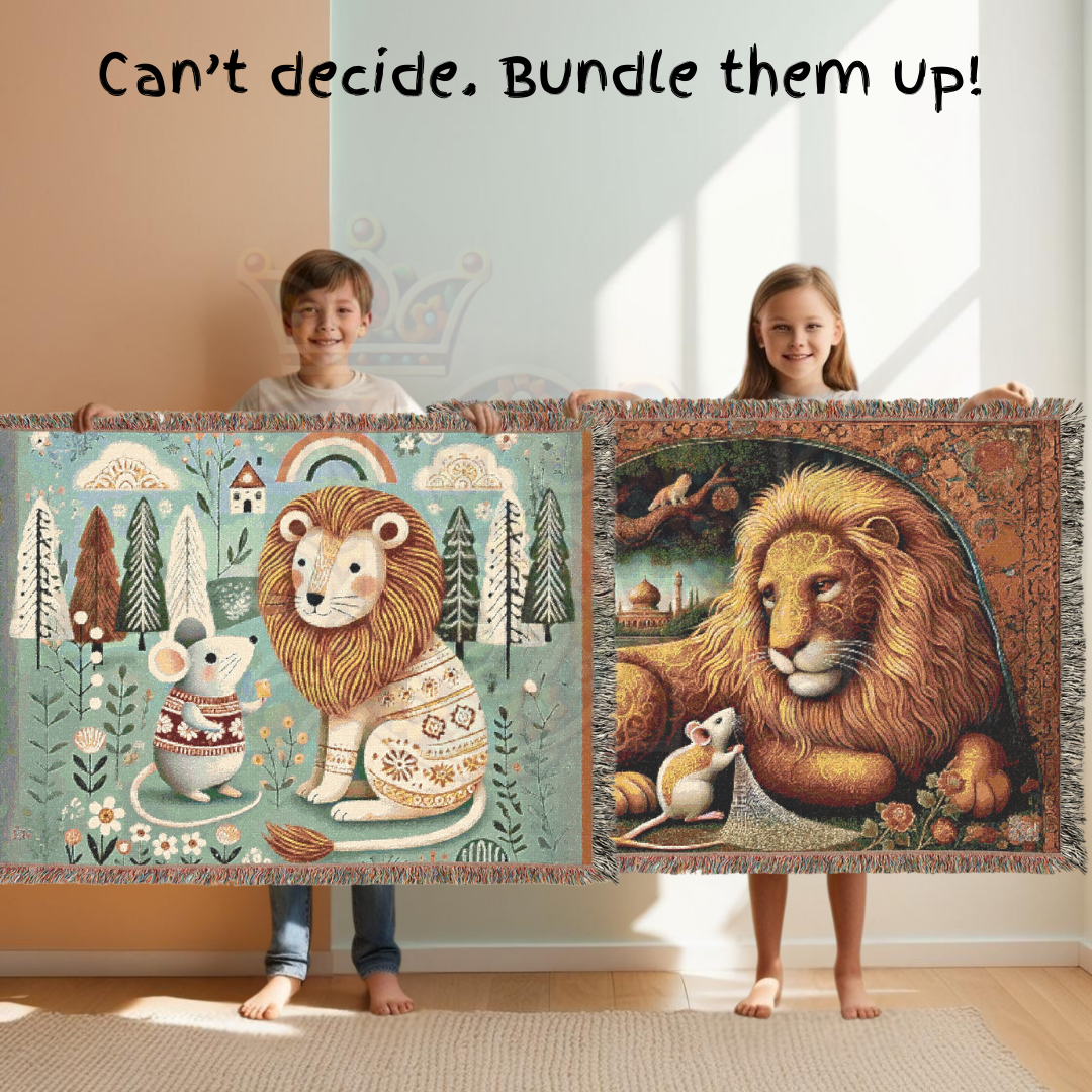 Enchanted Folk Art Woven Blanket – Storybook Lion & Mouse Tapestry | Cozy 100% Cotton Boho Woodland Throw, Nursery & Home Decor