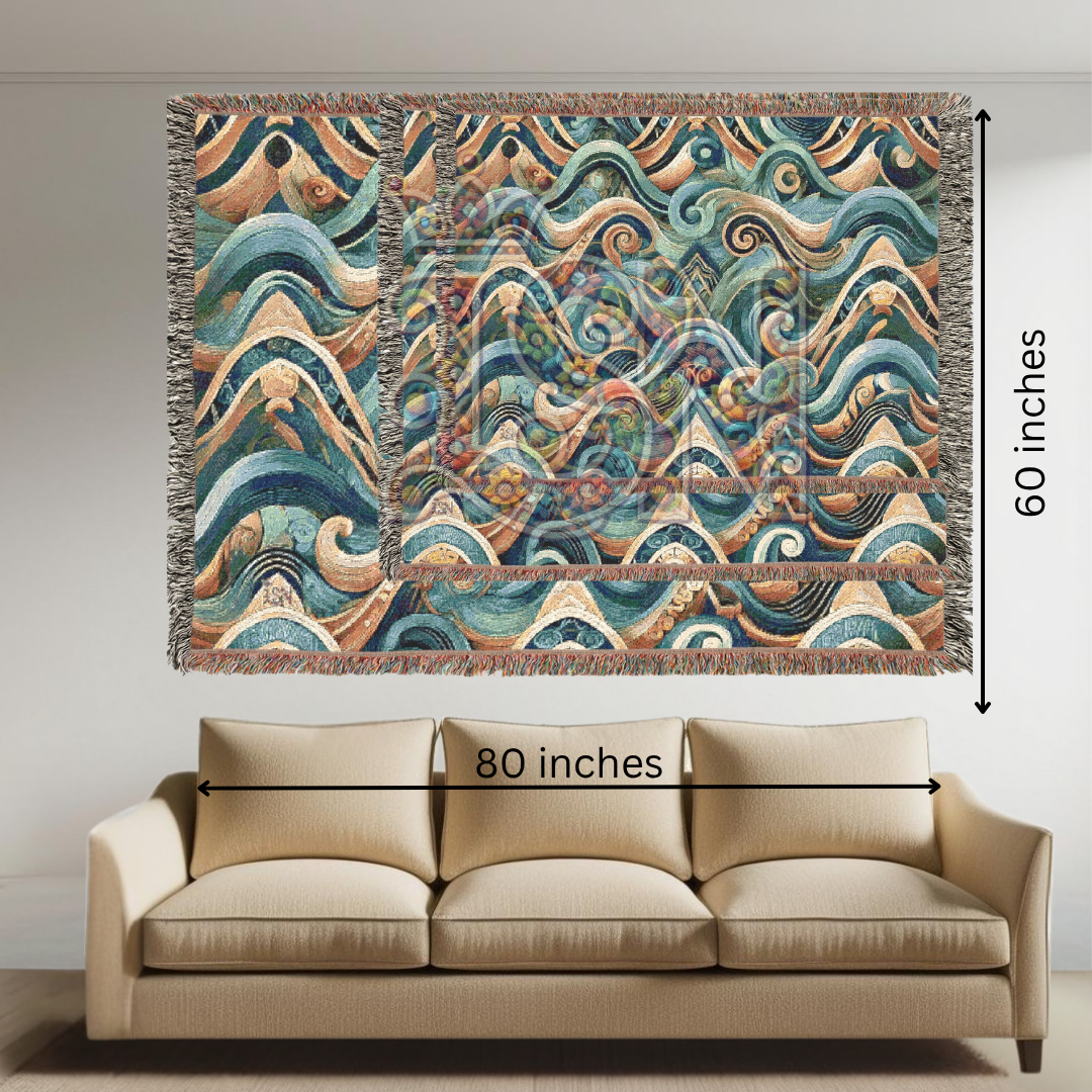 Abstract Ocean Waves Woven Throw Blanket – Tribal Inspired Cotton Tapestry
