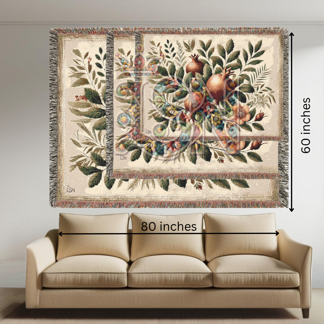 Pomegranate Blessing Woven Botanical Throw Blanket – 100% Cotton Heirloom Tapestry for Home & Gift