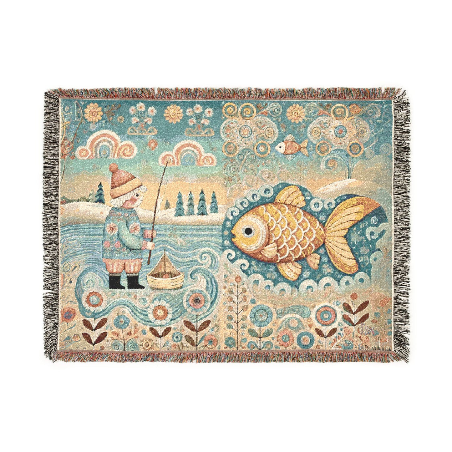 Golden Fish & Little Fisherman Woven Blanket, Folk Art Fairytale Light Tapestry – 100% Cotton Cozy Throw