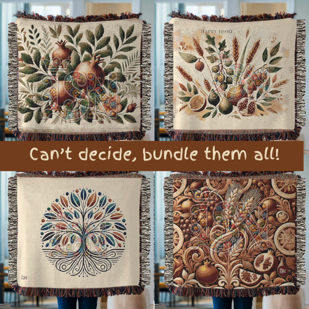 Tree of Life Woven Throw Blanket – Nature-Inspired Cotton Tapestry in Blue & Rust