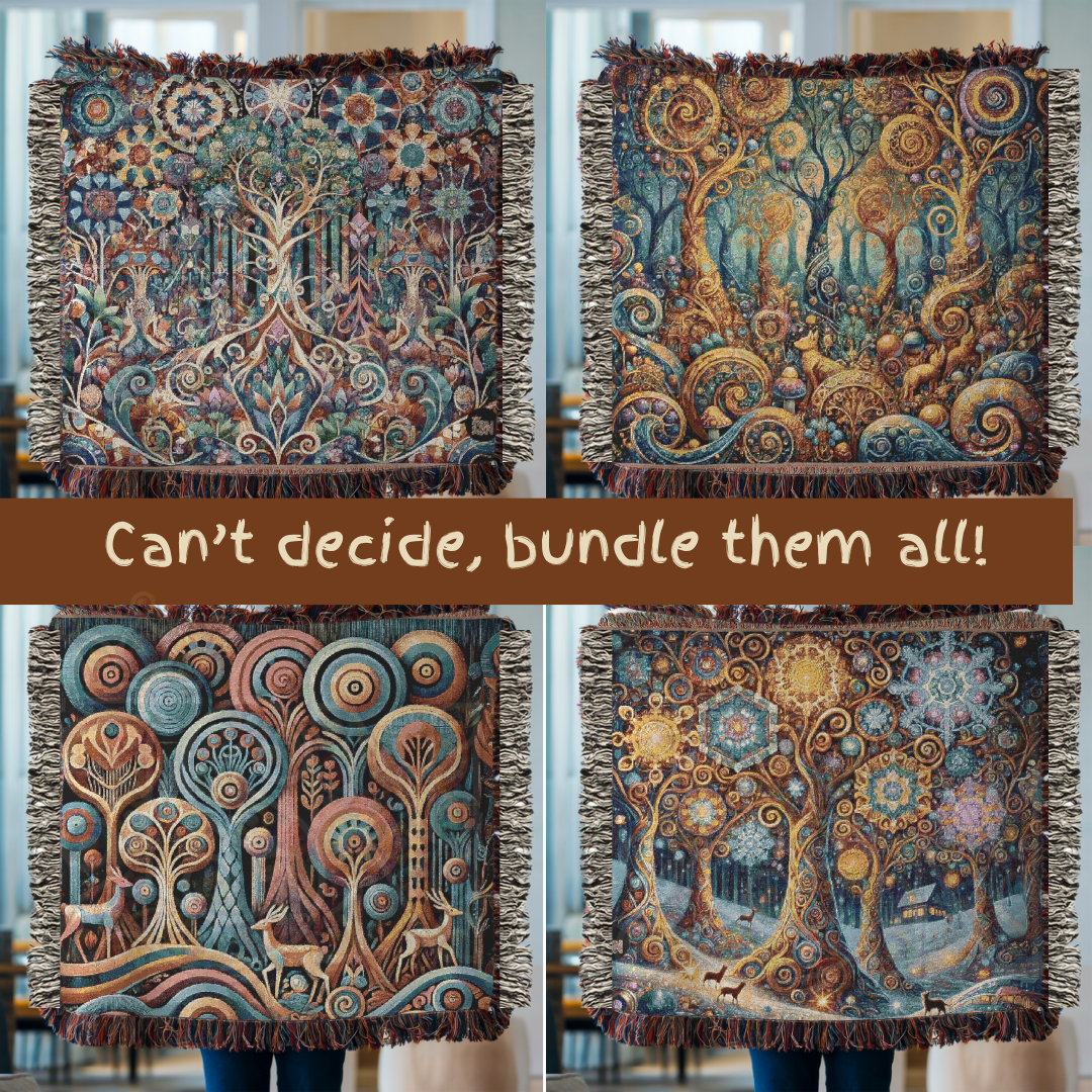 Whimsical Golden Trees – Folk Art Woodland Woven Throw Blanket