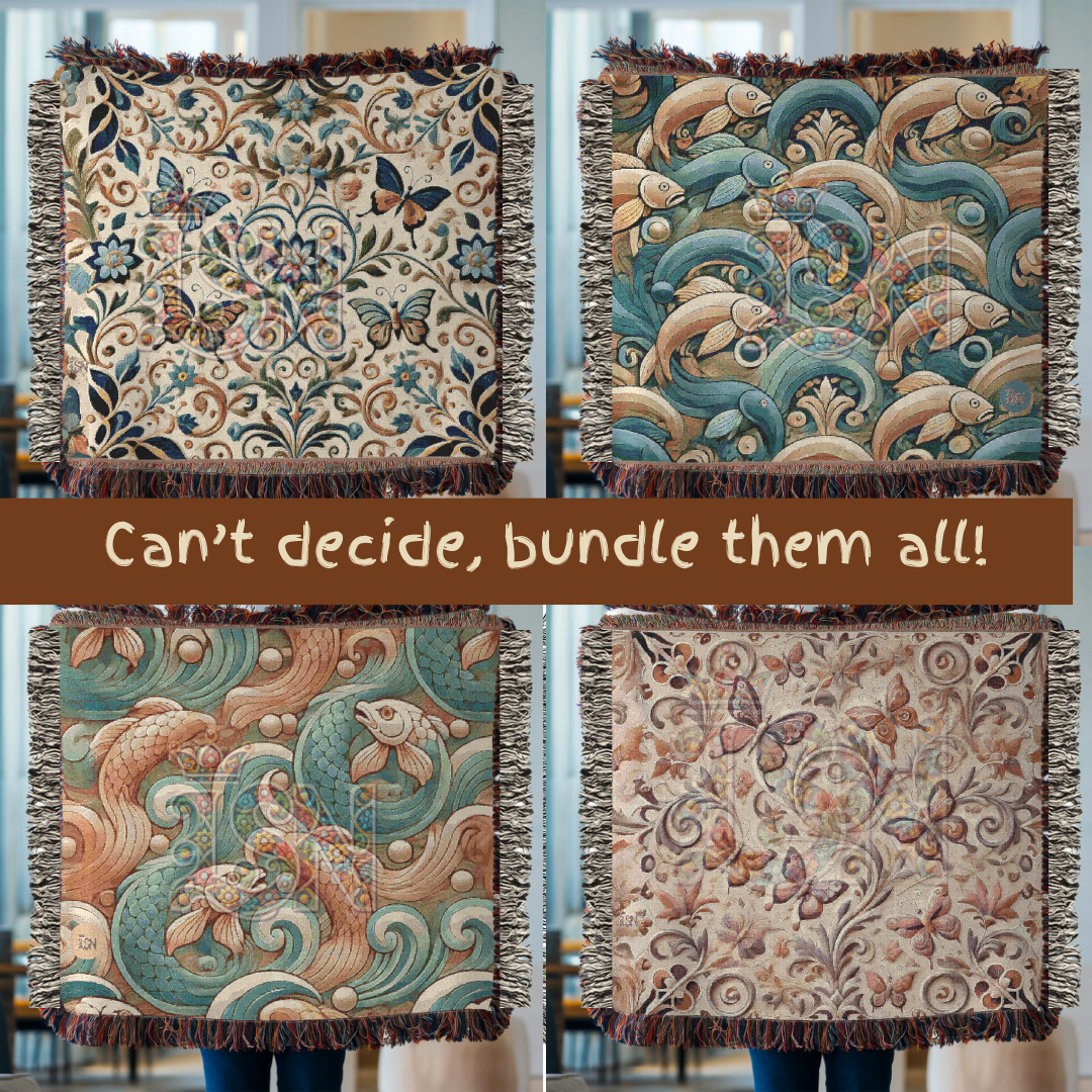 River Dance Folk Art Woven Blanket – Vibrant Fish & Flowing Water Nature-Inspired Throw