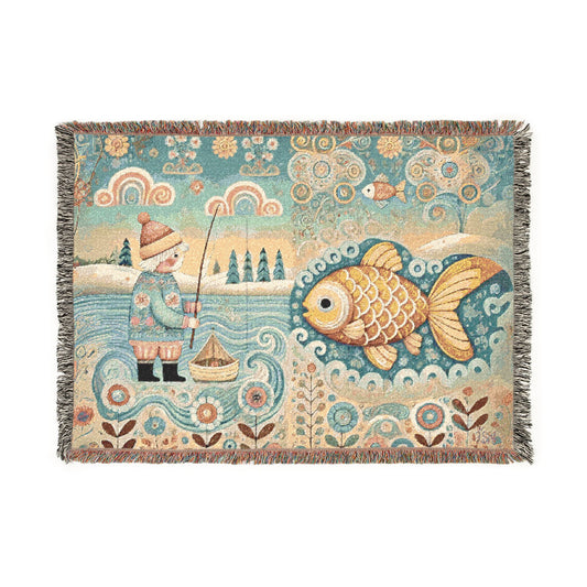 Golden Fish & Little Fisherman Woven Blanket, Folk Art Fairytale Light Tapestry – 100% Cotton Cozy Throw