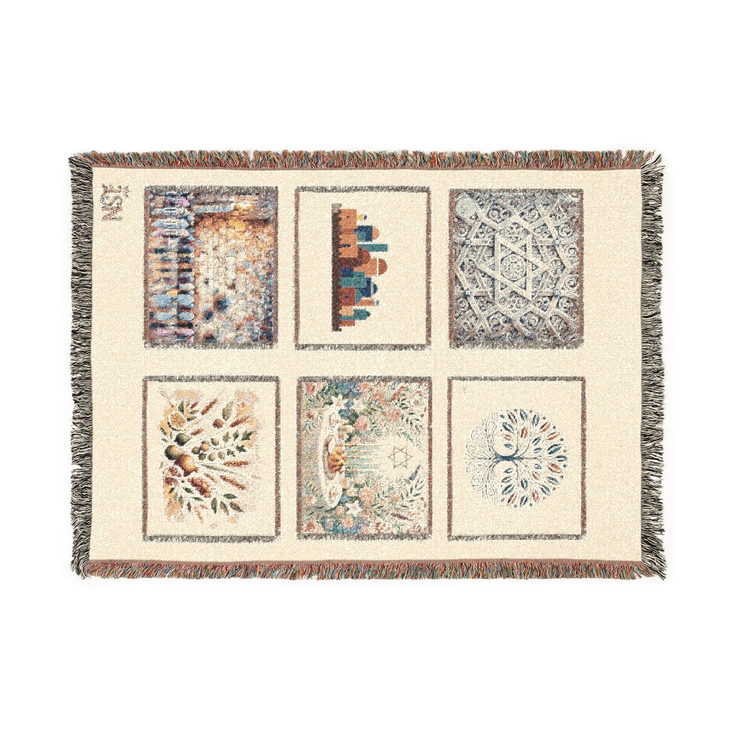 Heritage Mosaic Judaica Woven Tapestry Blanket – Six-Panel Jerusalem, Tree of Life, Pomegranates & Star Motif – 100% Cotton Story Throw