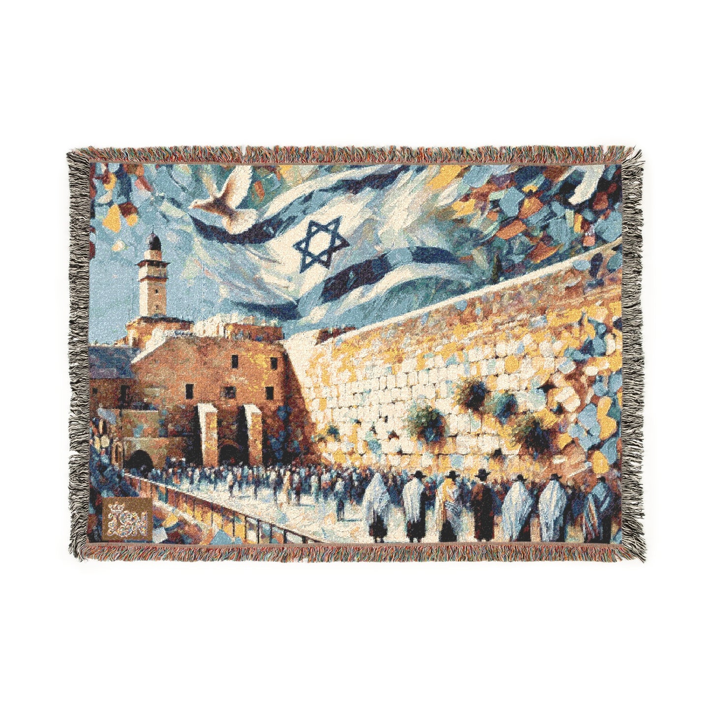Jerusalem Western Wall and Flag Woven Tapestry Blanket – Heritage Judaica Throw, Cotton, Home Blessing