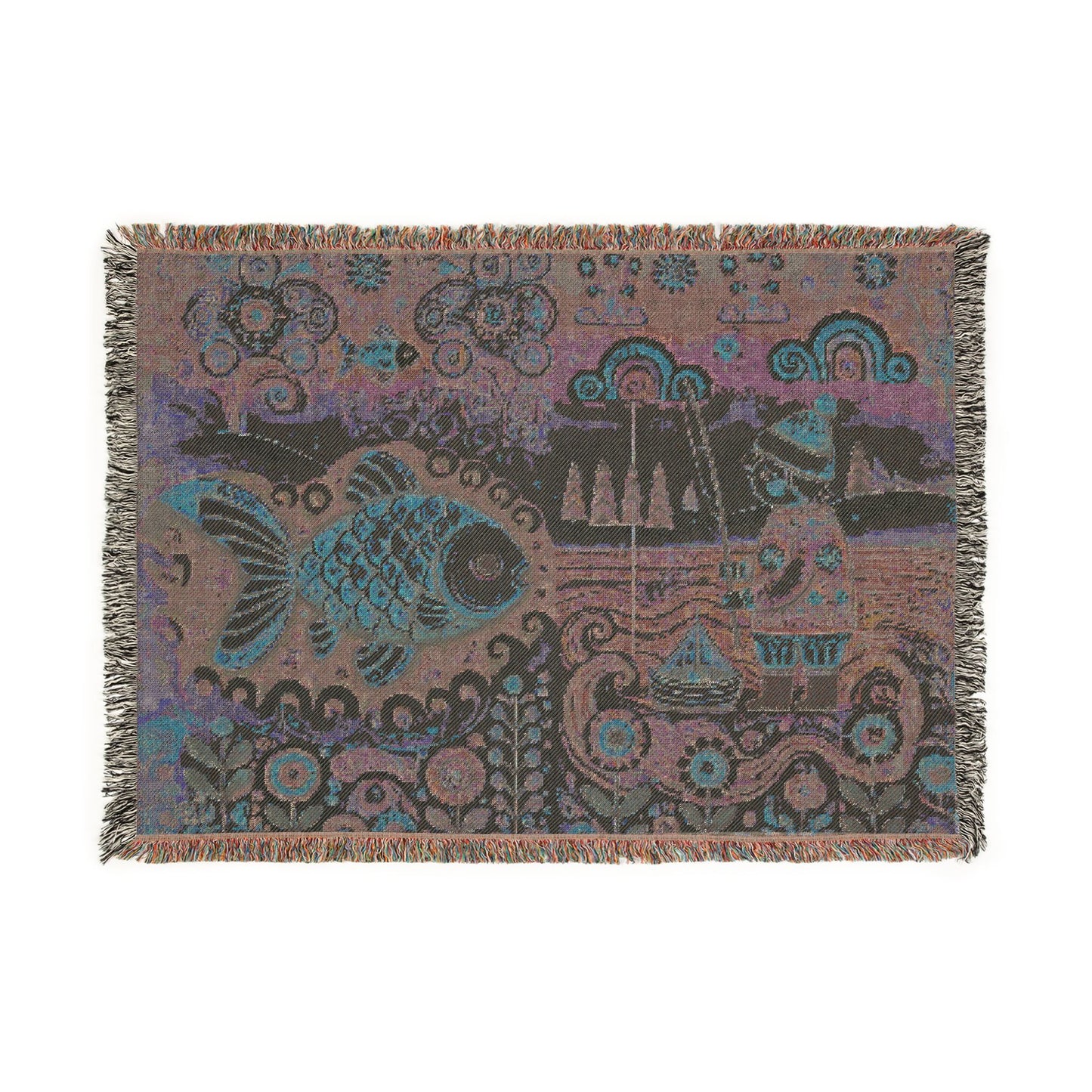 Golden Fish & Little Fisherman Woven Blanket, Folk Art Fairytale Light Tapestry – 100% Cotton Cozy Throw