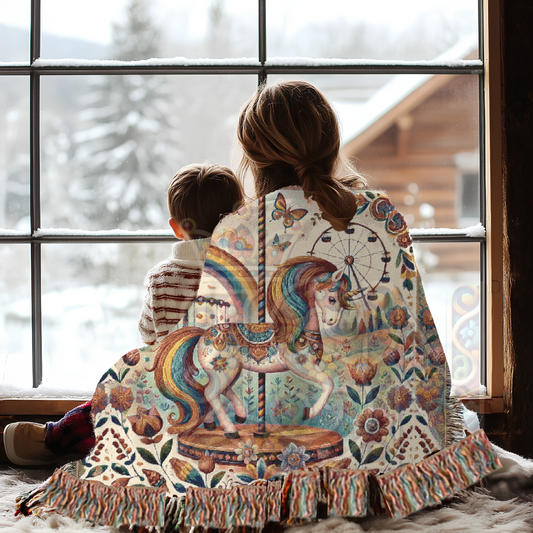 Rainbow Carousel Woven Blanket – Enchanted Unicorn Nursery Throw, Magical Animal Gift