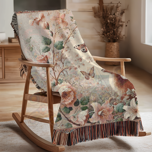 Enchanted Forest Woven Blanket – Deer & Floral Tapestry – Vintage Woodland Wildlife Throw – Romantic Cottagecore Decor – Cozy Nature-Inspired Blanket