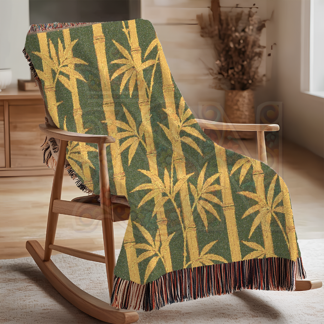 Golden Grove – Earth-Toned Bamboo Woven Throw Blanket in Gold and Green