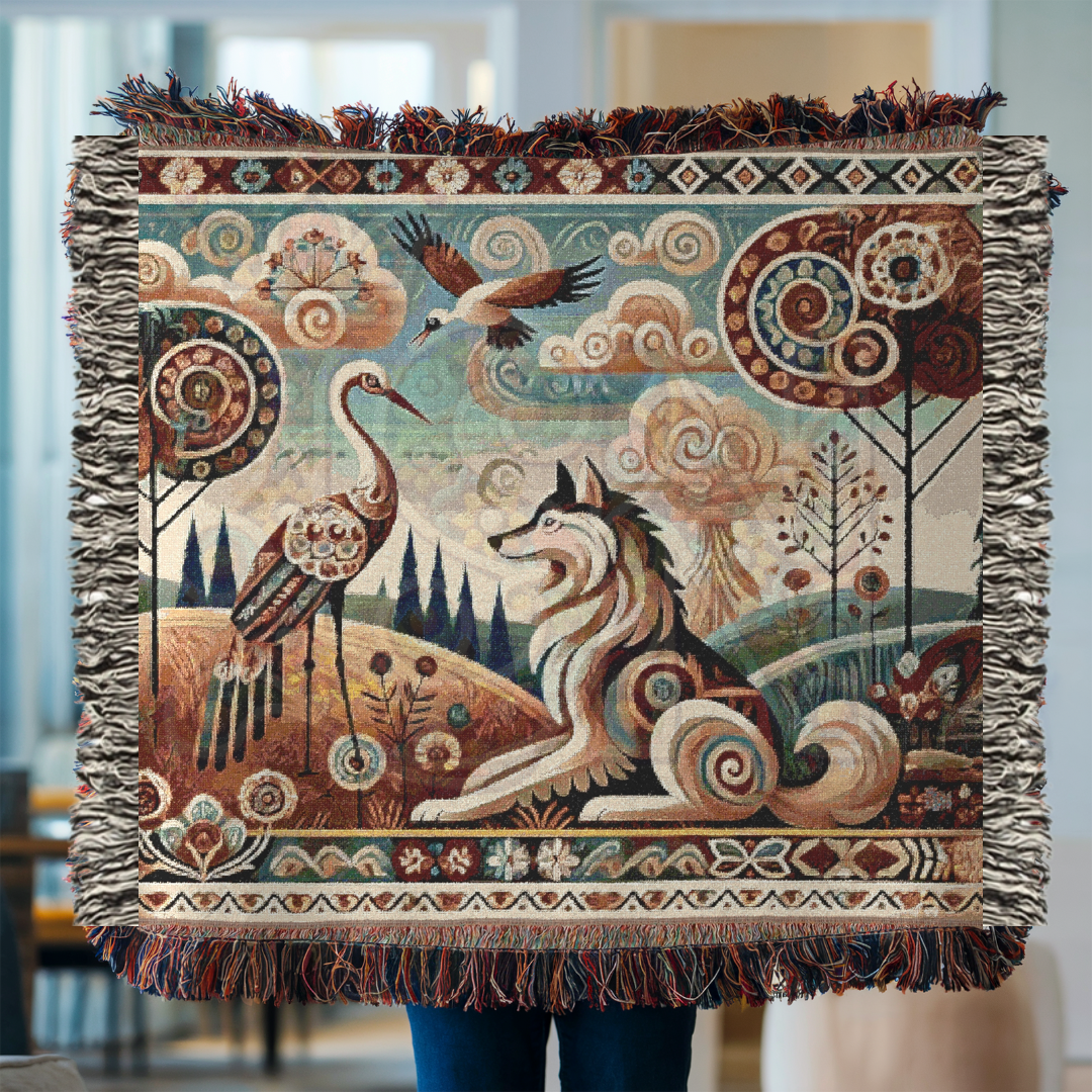 Boho Mystical Wolf & Crane Tapestry Blanket – Inspired by Aesop's Fables - Folk Art Nature Woven Throw, Whimsical Animal Decor for Dreamy Homes & Cozy Spaces