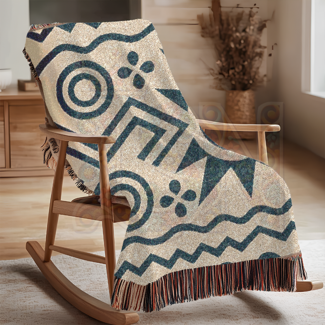Geometry of the Ancestors – African Folk Motif Woven Blanket, Bold Tribal Symbol Throw, Minimalist Heritage-Inspired Textile