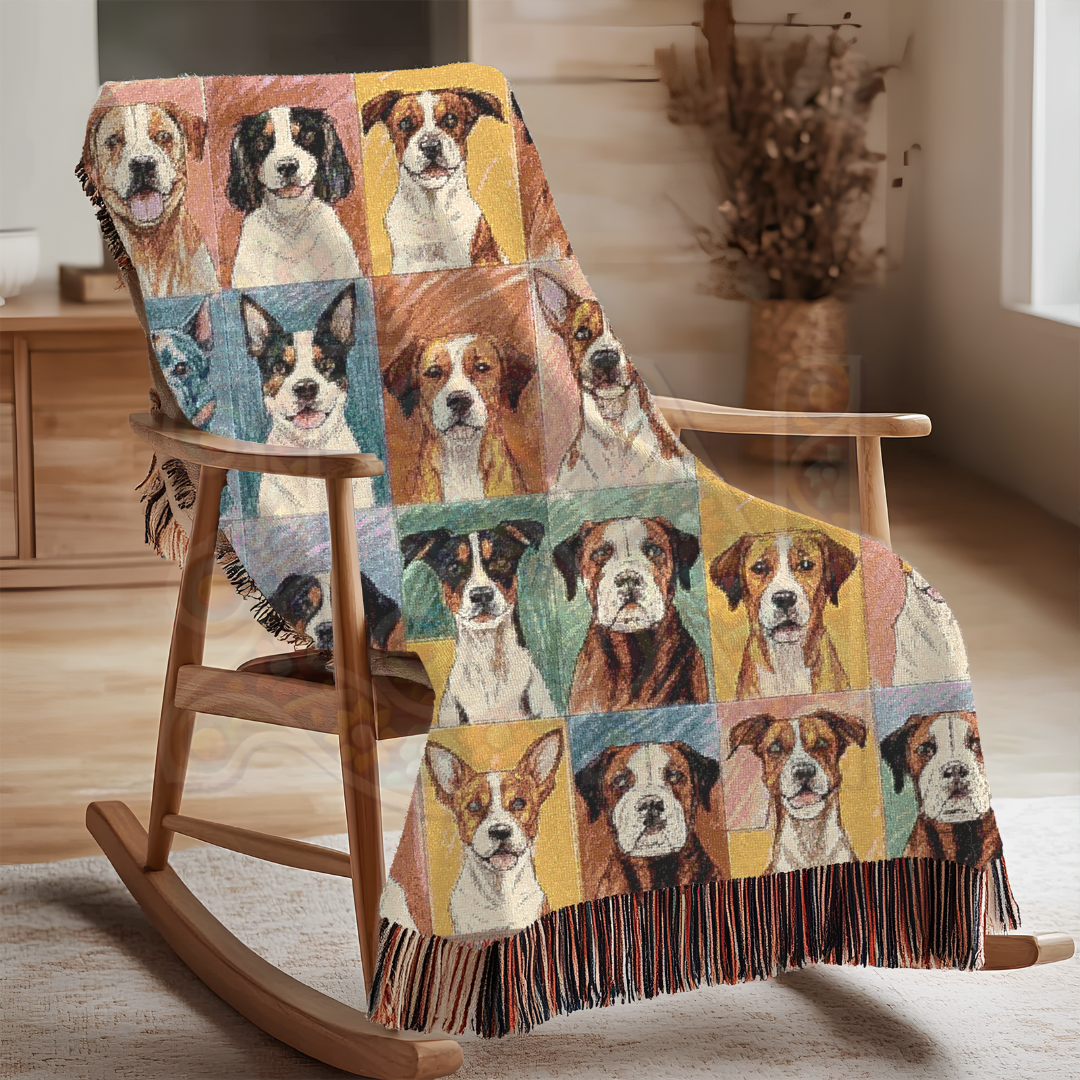 Dog Lover’s Portrait Blanket – Colorful Dog Breeds in Folk Art Style, 100% Cotton Woven Throw for Home Decor