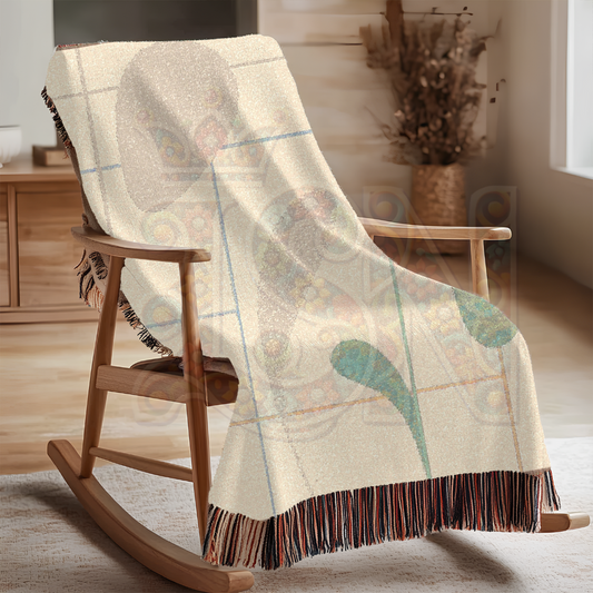 Modern Botanical Grid Woven Throw – Beige Abstract Plant Shapes on Lined Canvas – Minimalist Cotton Blanket for Scandinavian-Inspired Decor
