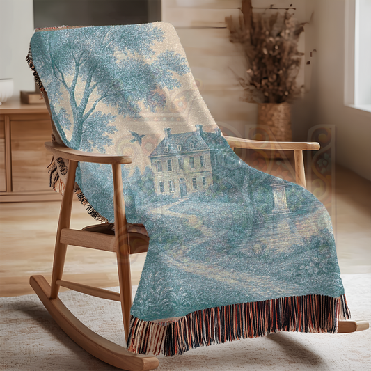 French Estate Manor Woven Blanket – Blue Landscape Tapestry Throw with Garden Path, Pond & Obelisk – 100% Cotton Chateau Wall Decor