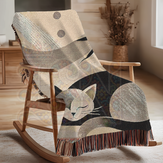 Silent Slumber Minimalist Cat and Bird Woven Blanket, Neutral Modern Throw, Japandi Inspired Gift for Calm and Cozy Home Decor Lovers