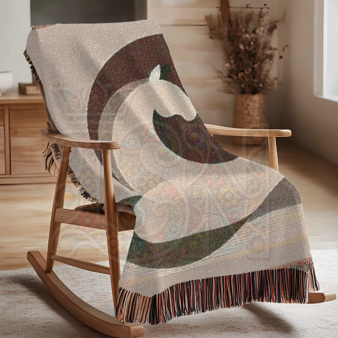 Serene Equine Minimalist Horse and Birds Woven Blanket, Earth Tone Cozy Throw, Modern Nature-Inspired Home Decor Gift