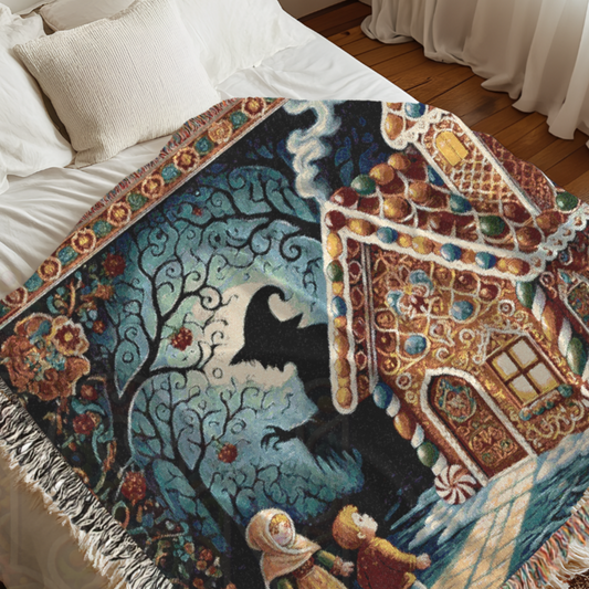 A woven blanket with a Hansel and Gretel fairytale theme, featuring a house, a witch, and children, draped over a bed.