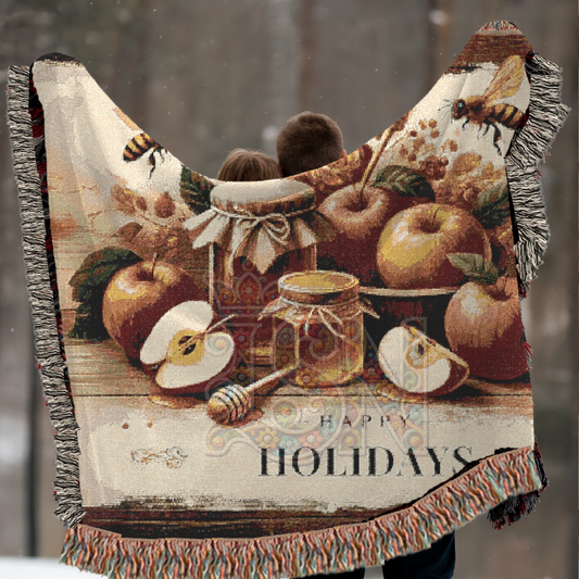 Happy Holidays Apples & Honey Folk Art Woven Blanket – Festive Seasonal Throw