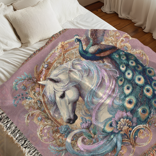 White Horse & Peacock Woven Blanket – 100% Cotton Tapestry Throw in Pink – Elegant Boho Decor, Cozy Art Blanket, Unique Gift, Luxury Home Accent