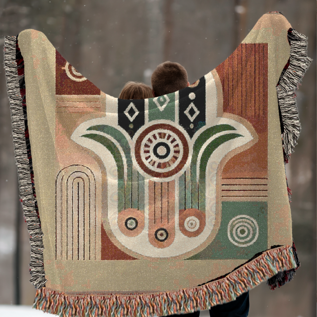 Hand Hamsa Folk Art Woven Blanket – Symbolic Hand of Protection & Peace Throw