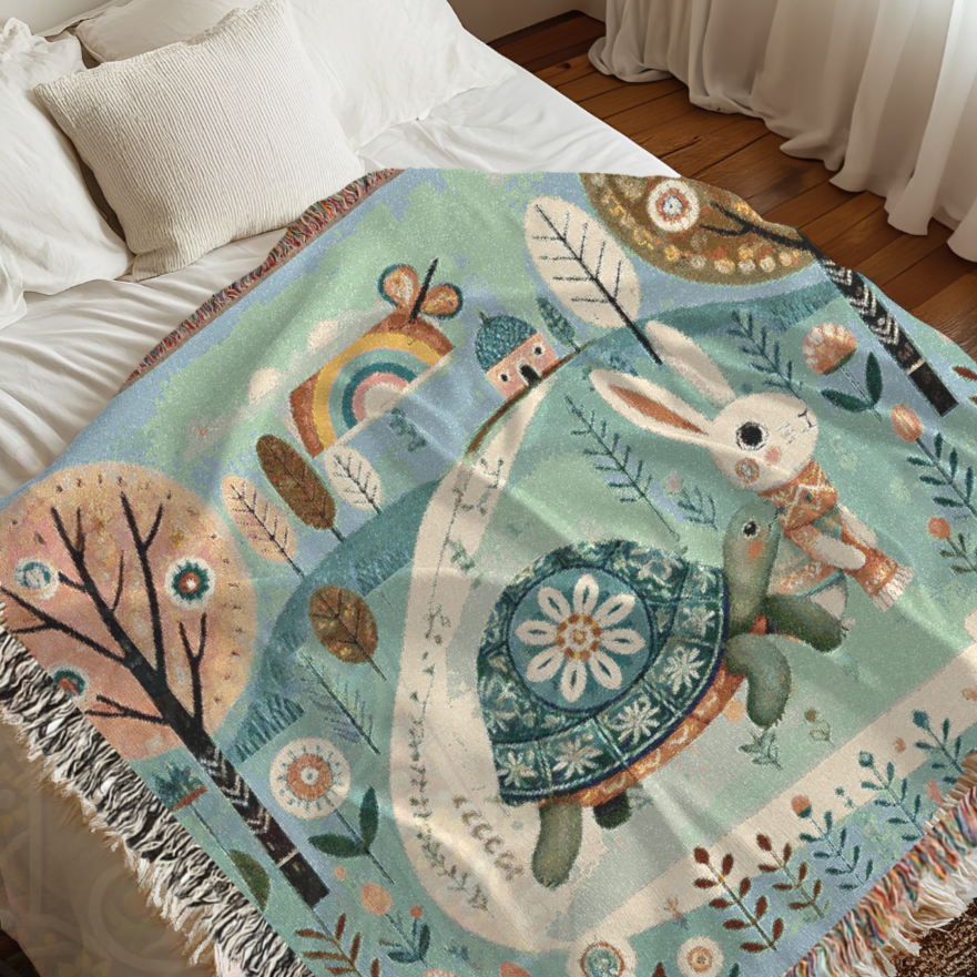 Whimsical Folk Art Woven Blanket – Tortoise & Hare Race | 100% Cotton Cozy Throw | Nursery, Cottagecore & Storybook-Inspired Décor