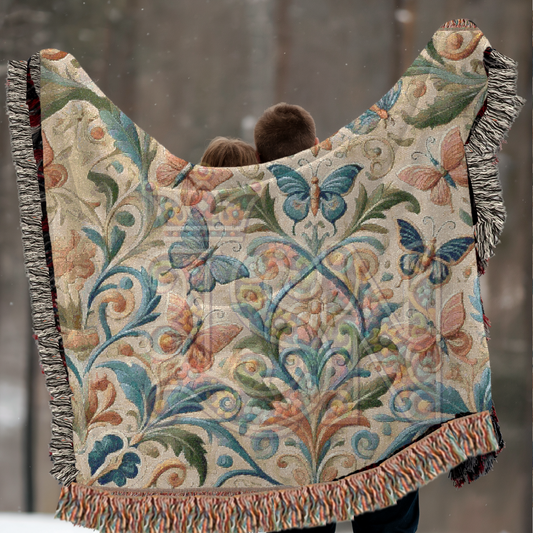 Fluttering Grace Pink & Blue Butterfly Folk Art Woven Blanket – Elegant Nature-Inspired Throw with Delicate Butterfly Motifs