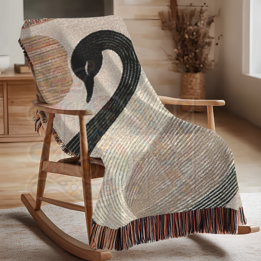 Graceful Swan Minimalist Woven Blanket in Art Deco, Flowing Lines Earth Tone Cozy Throw, Elegant Home Decor Gift