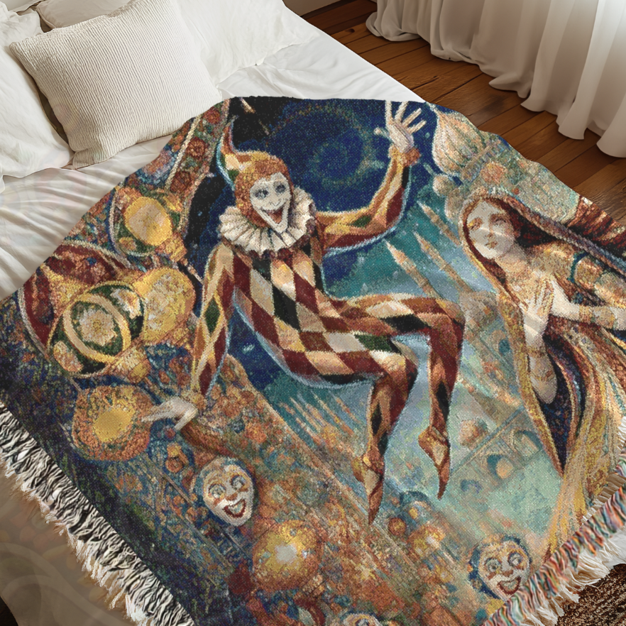 Enchanting Harlequin & Maiden Woven Blanket – 100% Cotton, Fantasy Tapestry, Bohemian Home Decor, Gothic Art Throw, Unique Gift