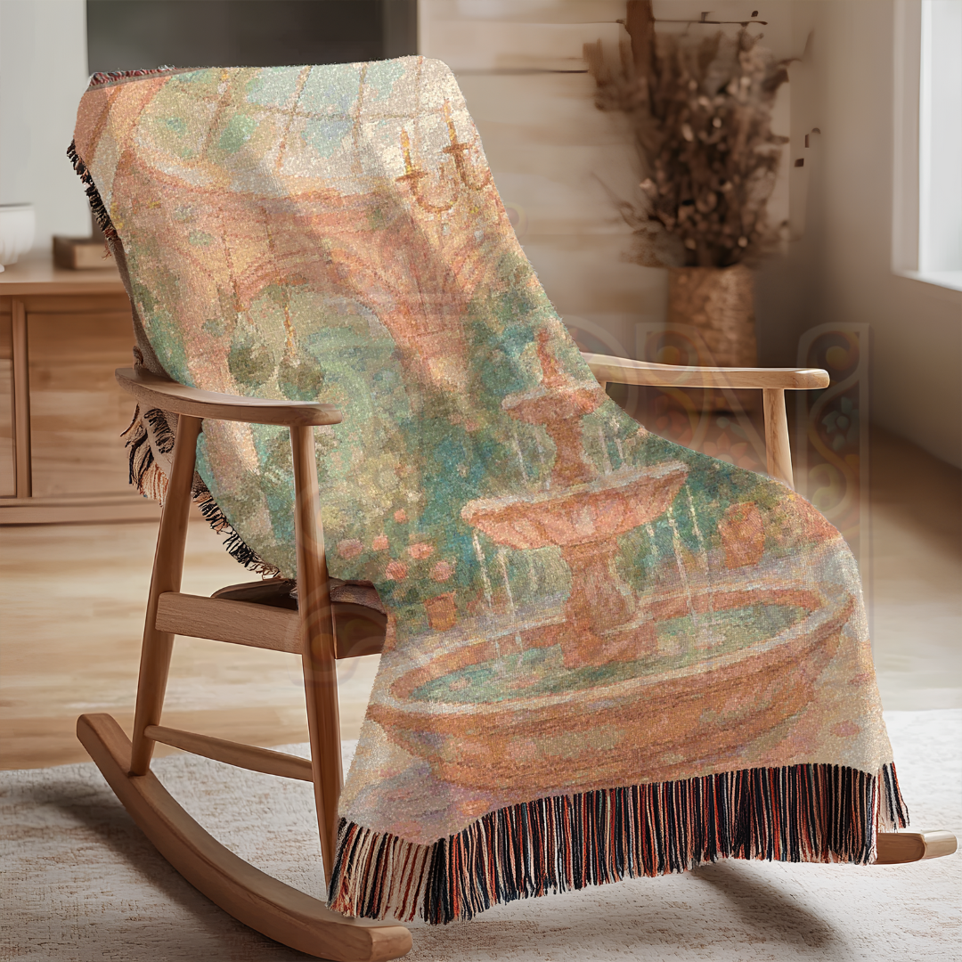 Sunlit Rose Garden Fairycore Woven Blanket – Enchanted Courtyard Throw