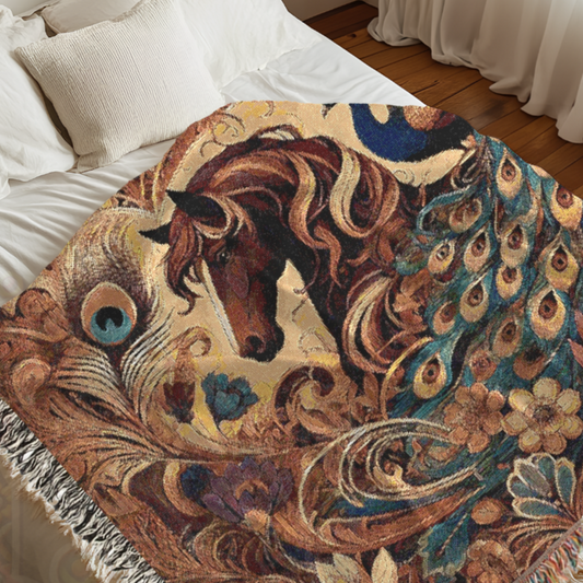 A woven blanket featuring an elegant horse and peacock design in rich colors, with fringed edges, draped over a bed.