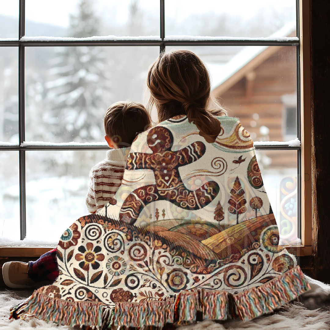 Whimsical Gingerbread Village Woven Blanket – Cozy Folk Art