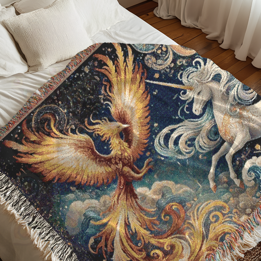 Mythic Duet – Woven Blanket with Unicorn & Phoenix in Swirling Fantasy Art